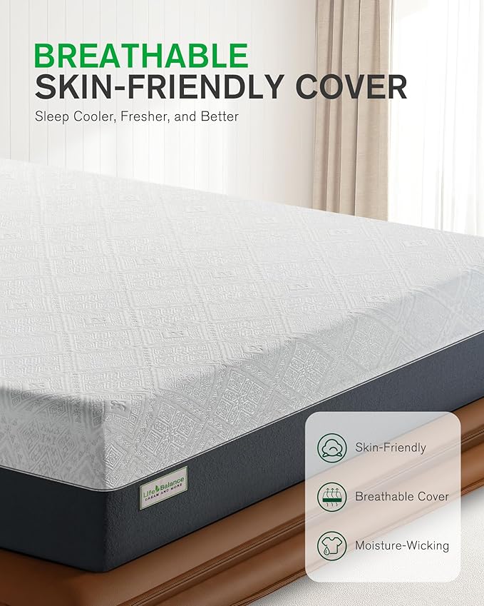 Life Balance Queen Size Mattress, 10 Inch Cooling-Gel Memory Foam Mattress Made in USA, CertiPUR-US Certified Mattresses in a Box, Medium Firm, Pressure Relief, Motion Isolation, CY-10-Q-V