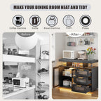 Dystler Coffee Bar Cabinet with Storage, Modern Buffet Cabinet with 3 Drawers and 2 Doors, Sideboard Buffet with Charging Station and Lights, Black