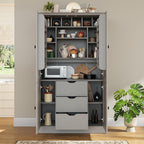 Freestanding Kitchen Pantry,Tall Storage Workstation with 4 Doors, 6 Door Shelves, Removable Shelves and 6 Wine Racks for Dining Room (Grey-FK)