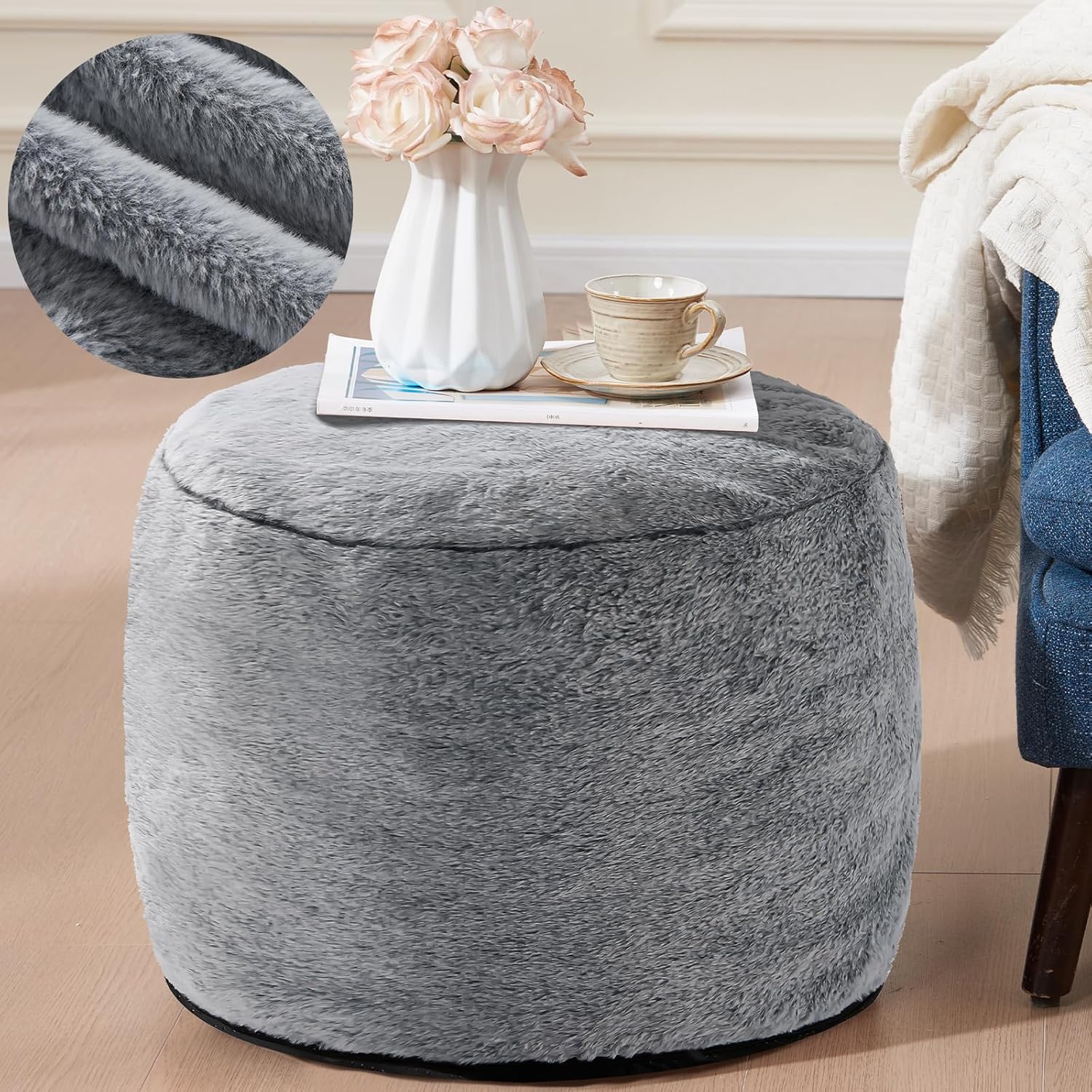 WSOFRLAC Round Pouf Ottoman, Small Poofy Ottoman, Foot Stools Ottomans, Foot Rest for Couch, Furry Poufs for LivingRoom, Hassocks and Ottomans Soft for Chair, Memory Foam Filling-Dark Grey 20x15
