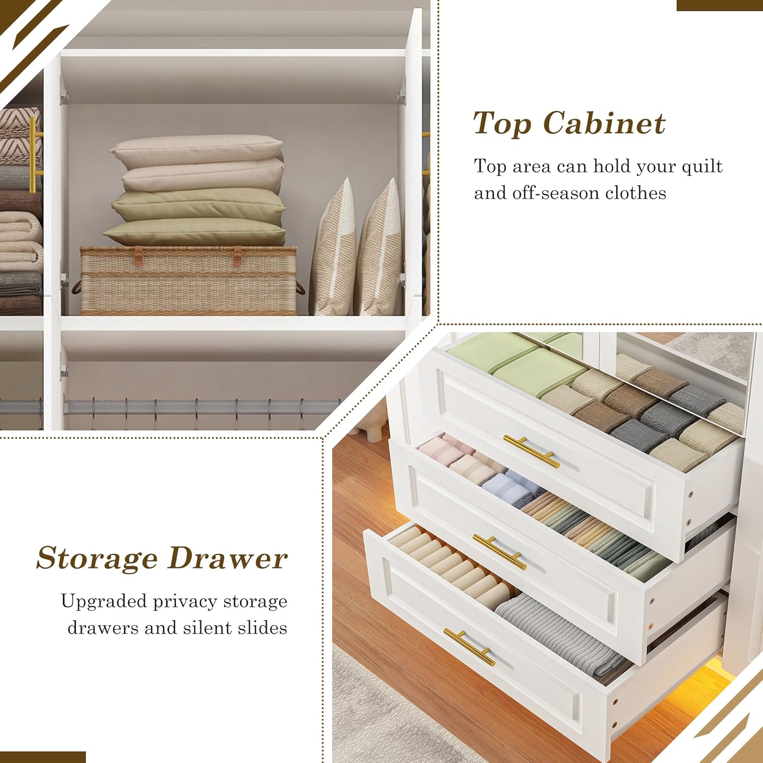 Hlivelood Large Armoire Wardrobe Closet Cabinet with Drawers and LED Lights, Multi-Tier Shelves, Hanging Rod, Large Capacity Storage 4 Door Wardrobe Armoire with Top Cabinet for Bedroom, White