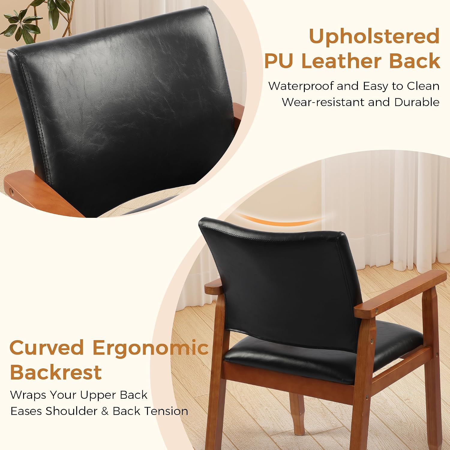 NOBPEINT Mid-Century Modern Dining Chairs with Armrest Set of 1, PU Leather Upholstered Dining Room Chairs with Solid Wood Frame, Walnut Kitchen Armchairs for Kitchen Living Room Restaurant, Black