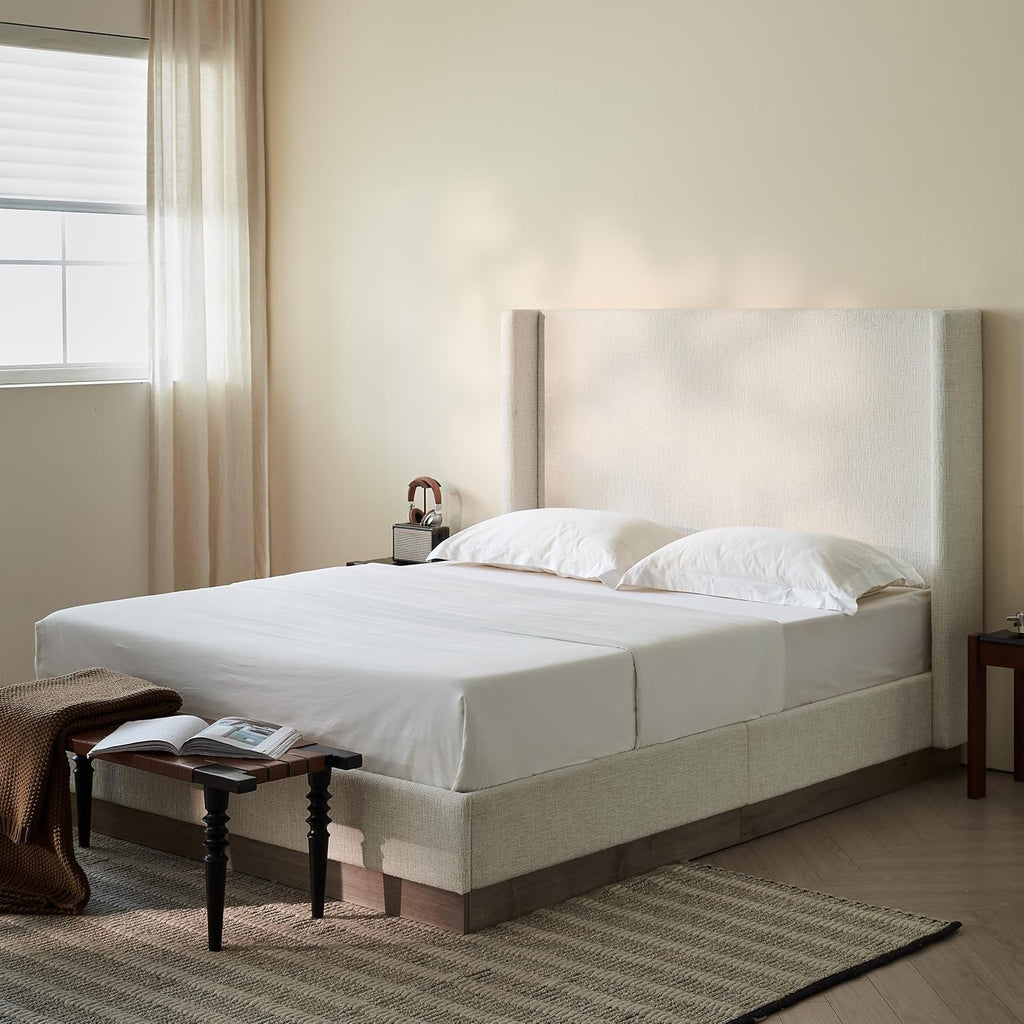 52.5" Extra-Tall Wingback Bed Frame - Luxury Oat Boucle Upholstered Platform Bed with Gray Oak Wood Base, Heavy Duty 1000lbs, No Box Spring Needed, Noise-Free Design (King)