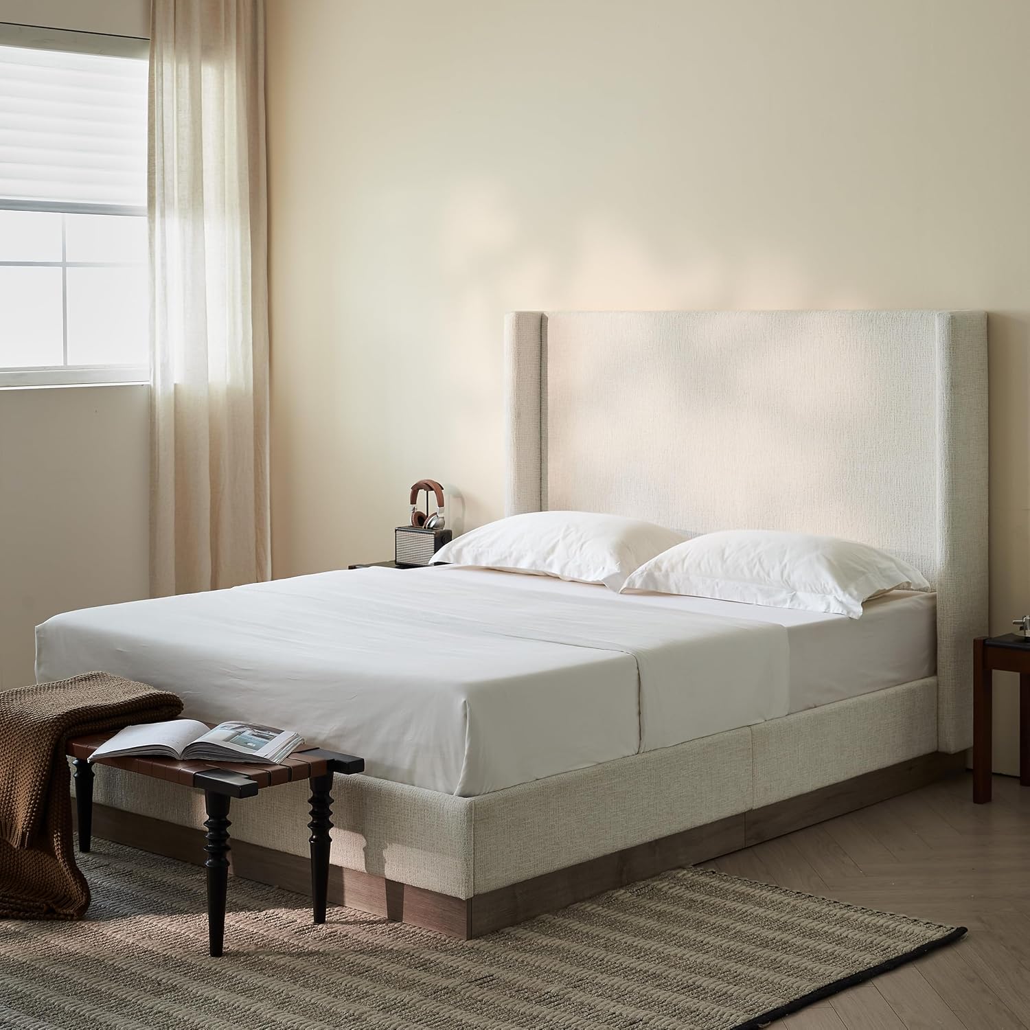 52.5" Extra-Tall Wingback Bed Frame - Luxury Oat Boucle Upholstered Platform Bed with Gray Oak Wood Base, Heavy Duty 1000lbs, No Box Spring Needed, Noise-Free Design (King)
