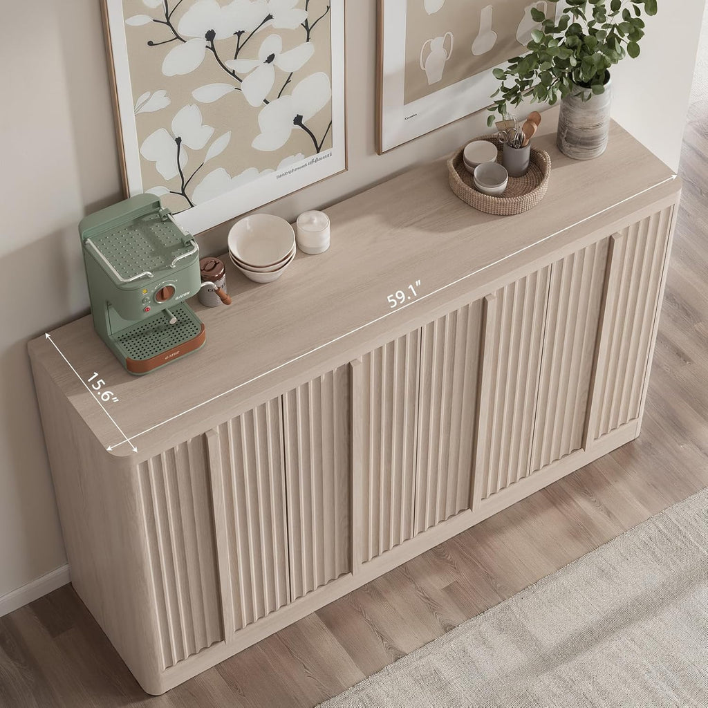 Fluted Buffet Cabinet with Storage, 120" Sideboard Buffet Storage Cabinet with 8 Doors & Solid Wood Handle, Coffee Bar Wood Credenza Cabinet for Kitchen, Living Room, Hallway, White Alder(2PCS)