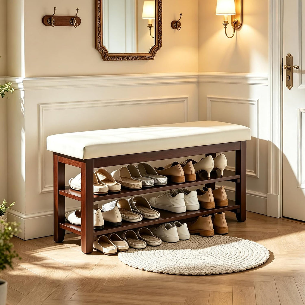 40" Shoe Bench with Leather Cushion, Upholstered Entryway Bench, Ivory | Mid Century Modern Shoe Rack, Solid Wood Frame, 2-Tier, End of Bed, Hallway, Mudroom, Bedroom