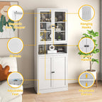 Kitchen Pantry Cabinet with Glass Doors, 72" Metal Storage Cabinet with 4 Adjustable Shelves, Kitchen Pantry with Hooks for Home, Living Room, Assemble Required (White)