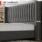 Jocisland King Size Bed Frame Velvet Upholstered Wingback Headboard, Grey