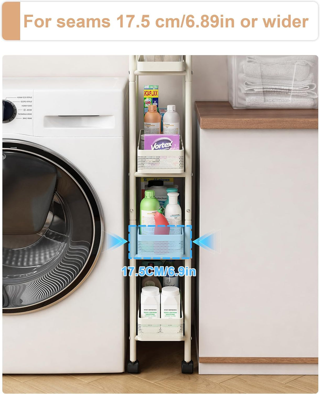 UMDONX 4-Tier Narrow Mobile Storage Cart with Pull-Out Baskets | The Multifunctional Pull-out Storage Rack Is Suitable for Bathrooms, Kitchens, and Laundry Rooms