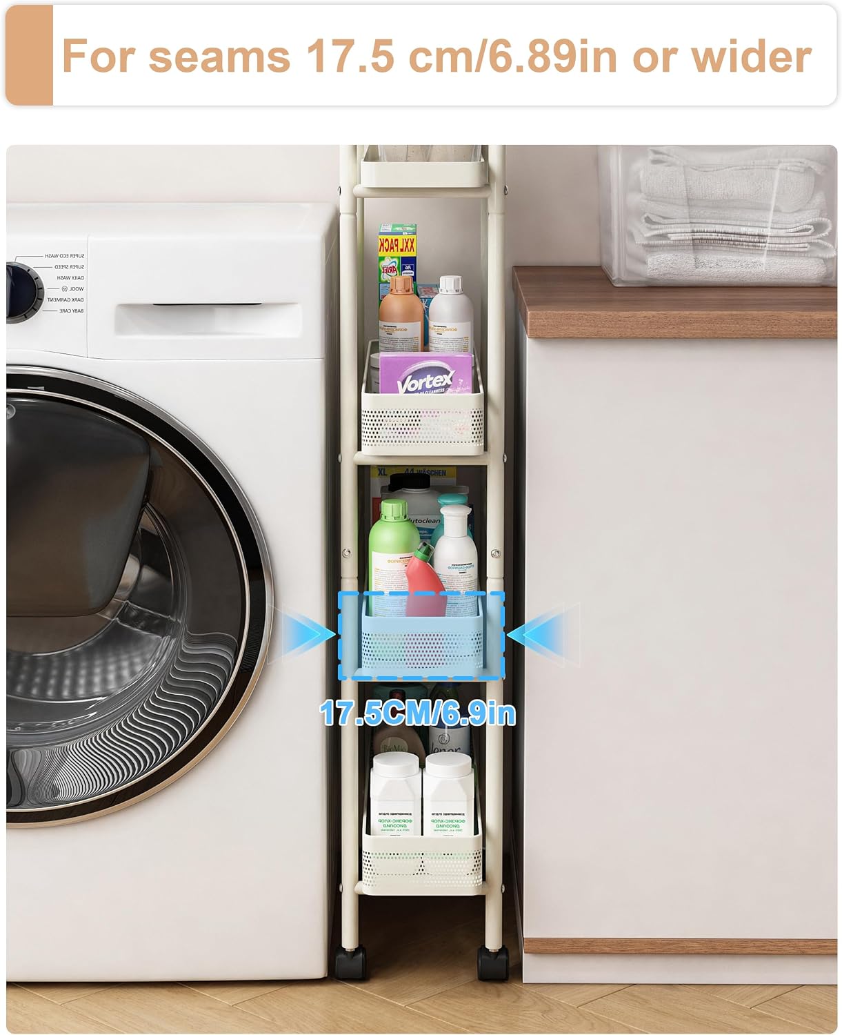 UMDONX 4-Tier Narrow Mobile Storage Cart with Pull-Out Baskets | The Multifunctional Pull-out Storage Rack Is Suitable for Bathrooms, Kitchens, and Laundry Rooms