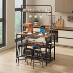 Industrial Kitchen Island Dining Table with Power Outlet, Retro | Microwave Stand with Storage Shelves, 2 Bar Stools and 5 Hooks, Coffee Bar for Dining Room, Living Room