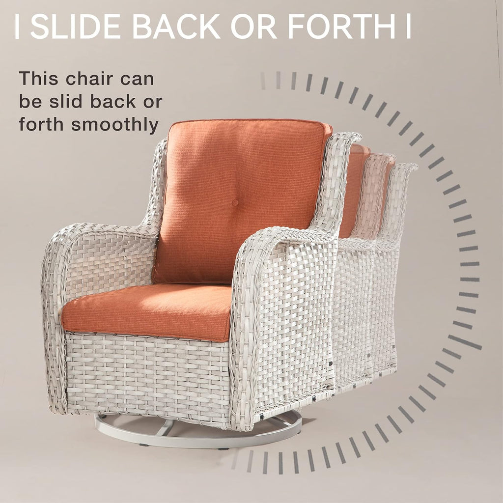 Outdoor 360 Degree Swivel Rocker Patio Chairs Sets of 2 and Matching Side Table - 3 Piece Patio Wicker Glider Chairs with Olefin Cushions(Light Grey/Orange)