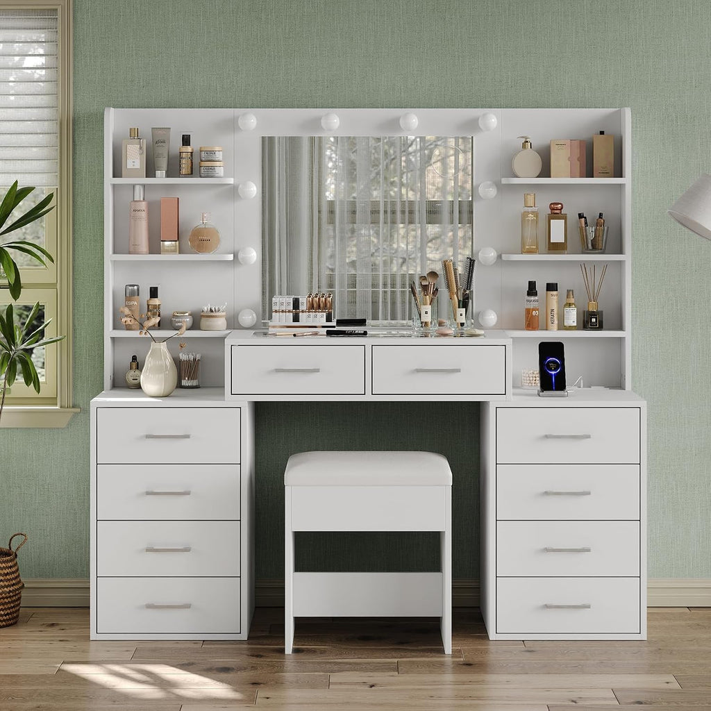 Yanosaku 55'' W Makeup Vanity with Mirror & Lights, 10 Drawers Vanity Desk with Charging Station, 6 Open Shelves, 3 Lighting Modes Brightness Adjustable, Glass Top Vanity with Chair for Bedroom, White