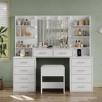 Yanosaku 55'' W Makeup Vanity with Mirror & Lights, 10 Drawers Vanity Desk with Charging Station, 6 Open Shelves, 3 Lighting Modes Brightness Adjustable, Glass Top Vanity with Chair for Bedroom, White