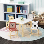 5 Piece Kiddy Table and Chair Set, Kids Wood Table with 4 Chairs Set Cartoon Animals (Bigger Table) (3-8 Years Old), Multi