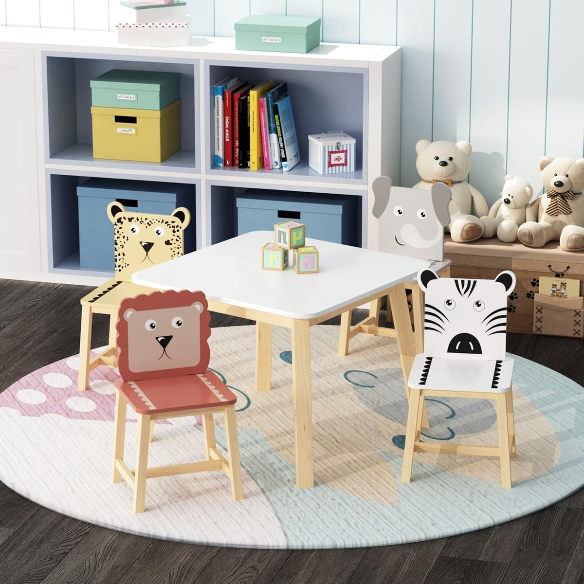 5 Piece Kiddy Table and Chair Set, Kids Wood Table with 4 Chairs Set Cartoon Animals (Bigger Table) (3-8 Years Old), Multi