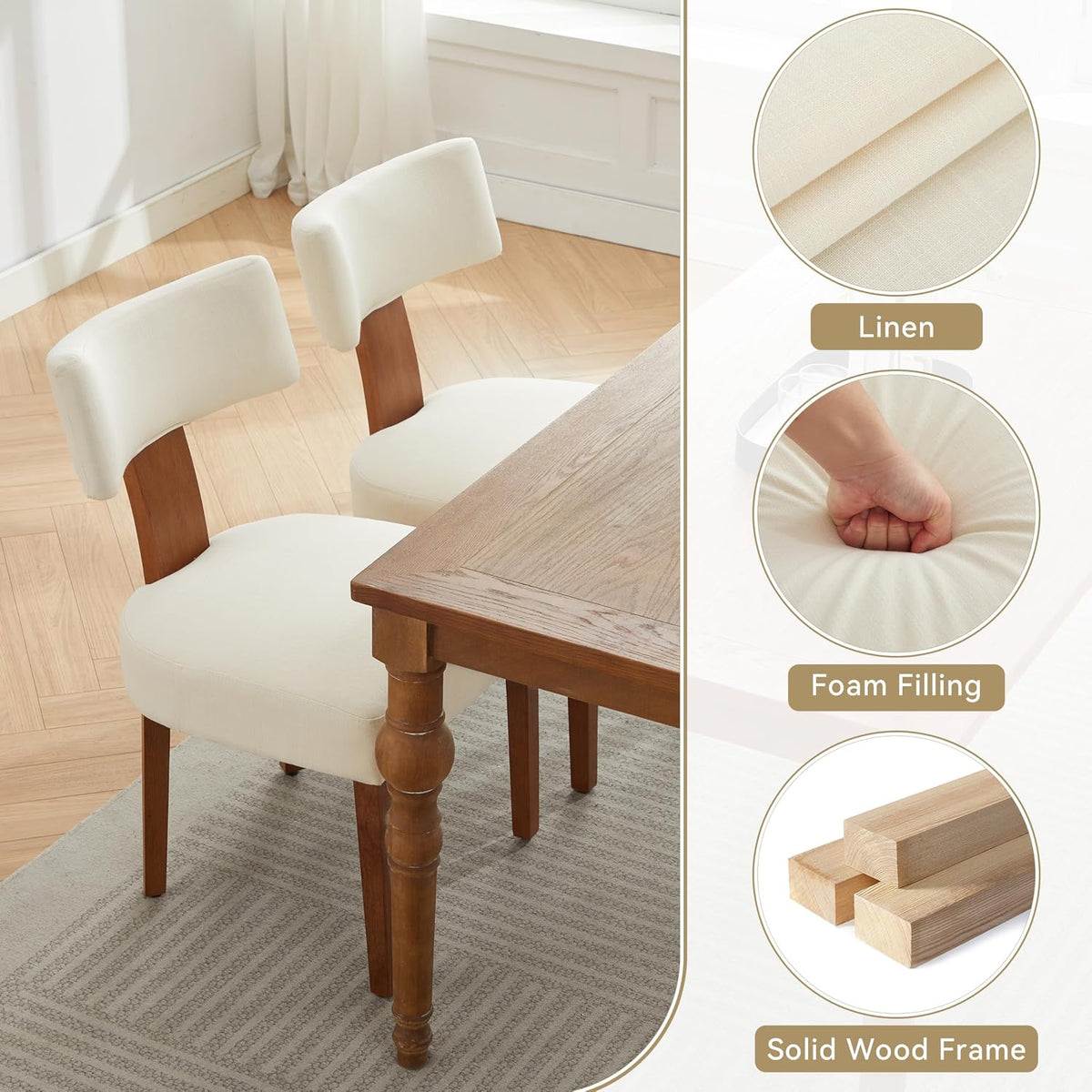 Mid-Century Modern Dining Chairs Set of 4, Upholstered Linen Fabric Kitchen Chairs with Curved Backrest, Farmhouse Dining Room Chairs with Solid Wood Legs, Easy Assembly, Beige