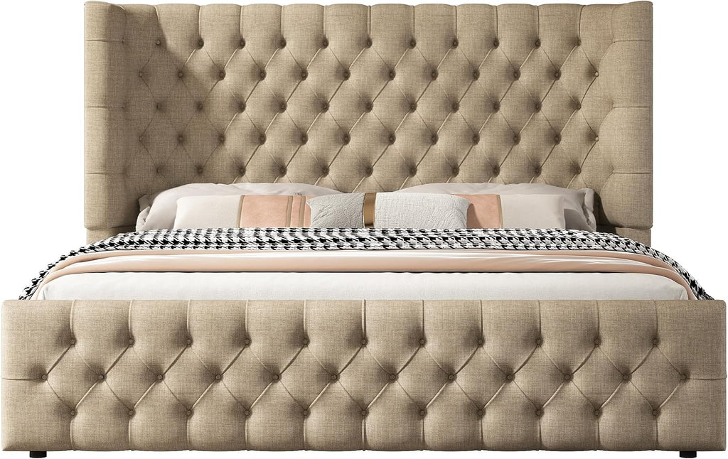 Jocisland Queen Bed Frame Upholstered Wingback Headboard & Footboard,Khaki