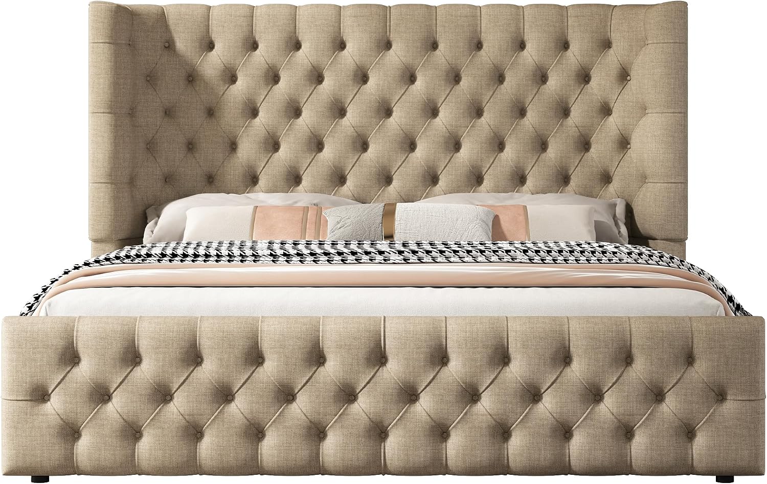 Jocisland Queen Bed Frame Upholstered Wingback Headboard & Footboard,Khaki