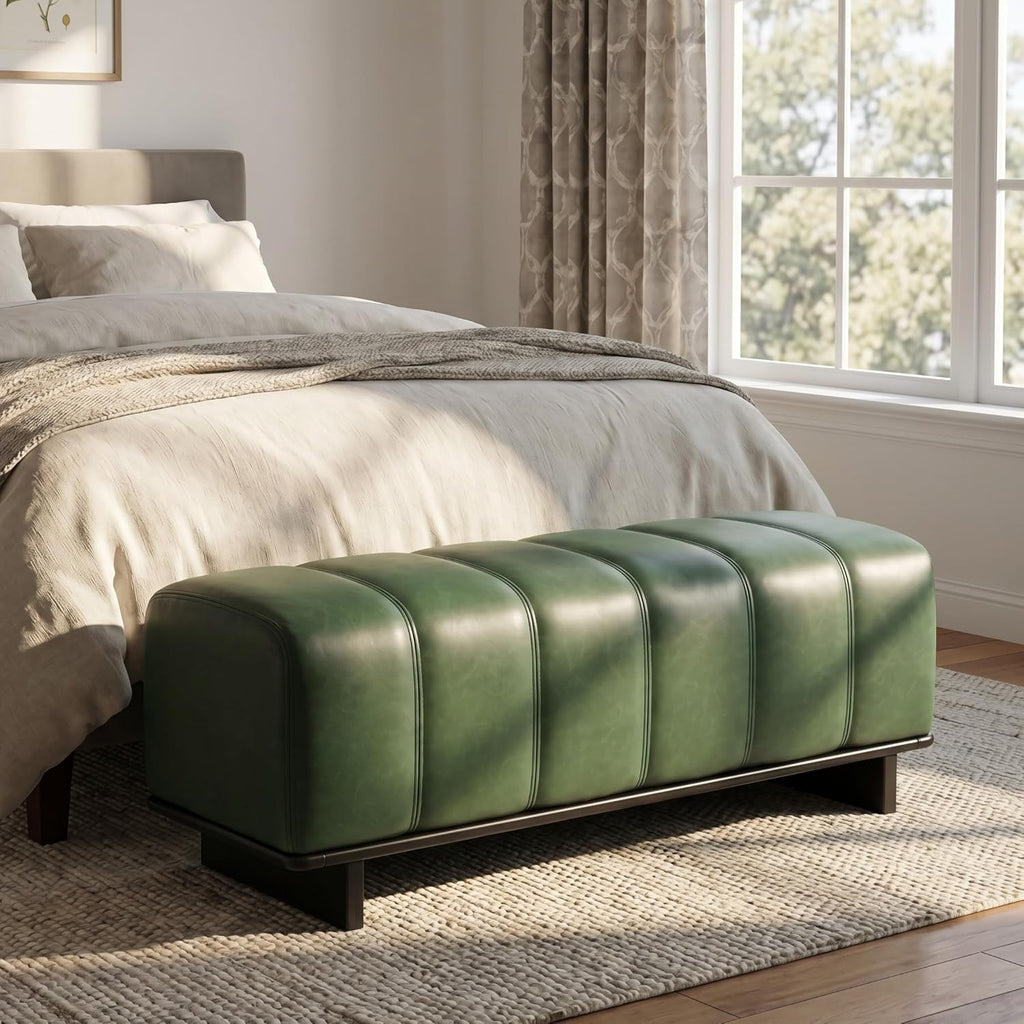 Christopher Knight Home Lamie 49.13" Faux Leather Upholstered Dining Bench, Wooden Entryway Bench, Long Sofa Footstool for Living Room, Bedroom End of Bed Bench, Green+Black
