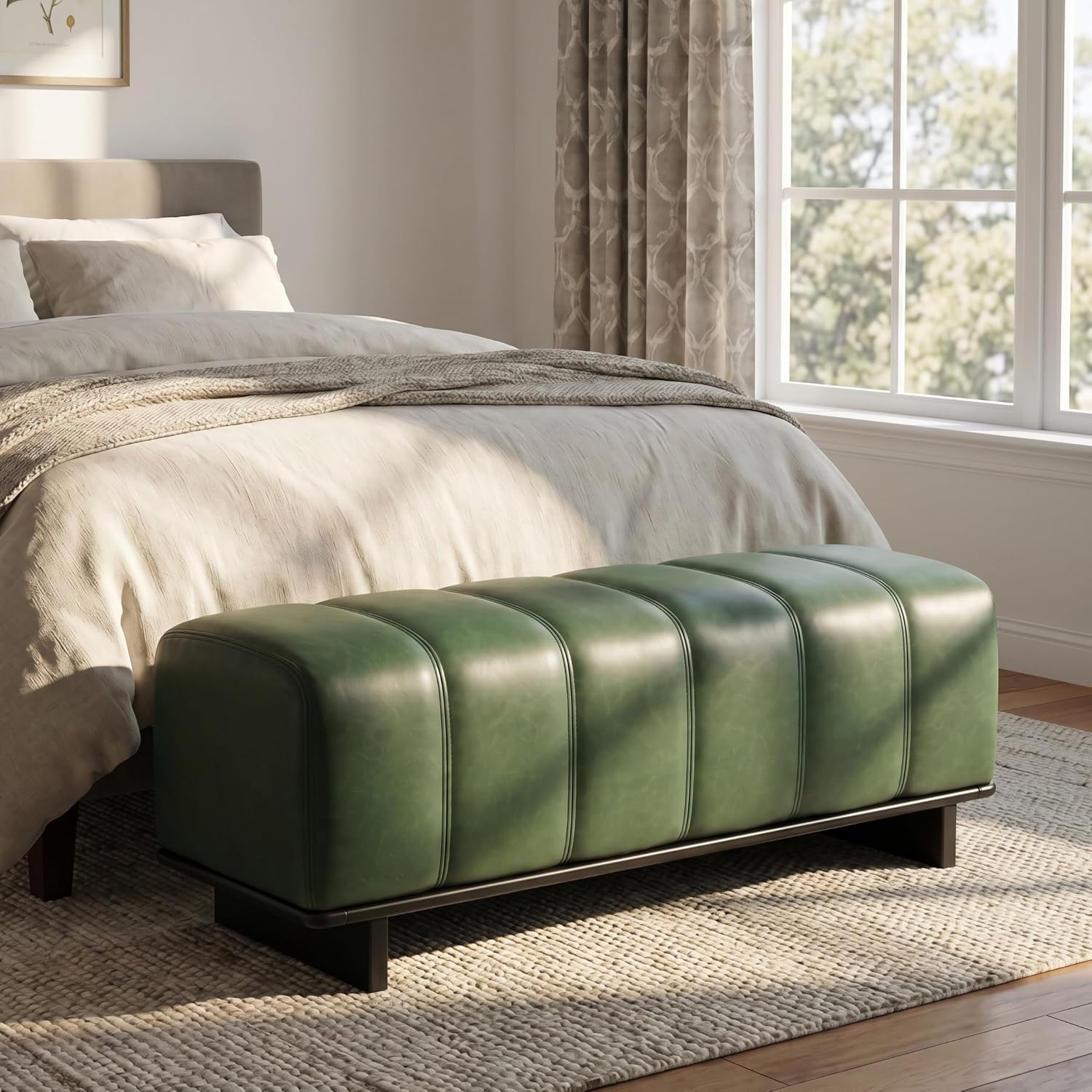 Christopher Knight Home Lamie 49.13" Faux Leather Upholstered Dining Bench, Wooden Entryway Bench, Long Sofa Footstool for Living Room, Bedroom End of Bed Bench, Green+Black