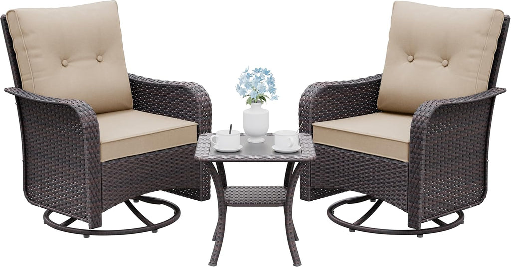 Gotland Outdoor Swivel Chairs Set of 2, 3 Pieces Patio Furniture Set with Thick Cushion, Wicker Rocking Patio Chairs Set of 2, Patio Bistro Set with Double-Layer Coffee Table for Balcony Porch Khaki