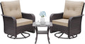 Gotland Outdoor Swivel Chairs Set of 2, 3 Pieces Patio Furniture Set with Thick Cushion, Wicker Rocking Patio Chairs Set of 2, Patio Bistro Set with Double-Layer Coffee Table for Balcony Porch Khaki