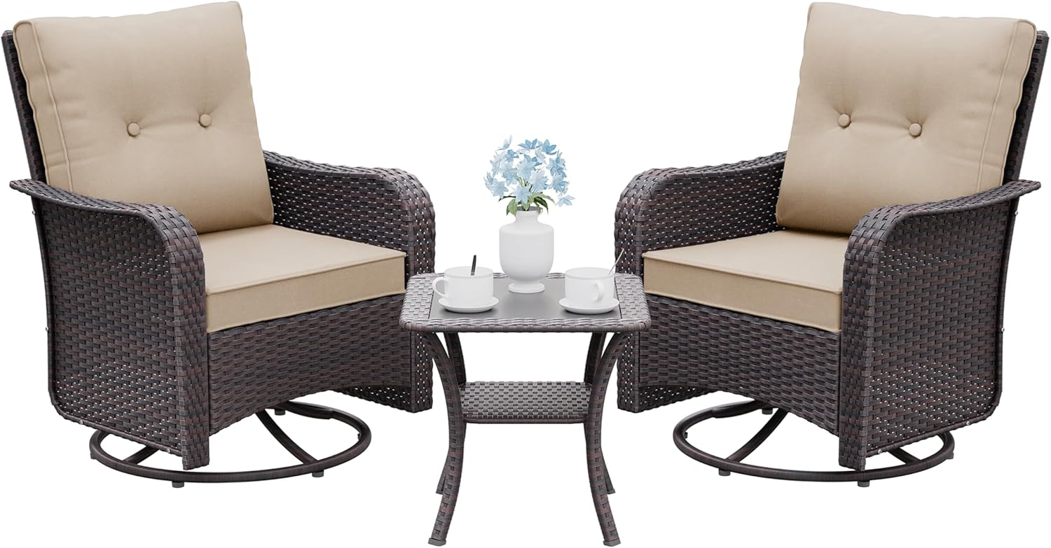 Gotland Outdoor Swivel Chairs Set of 2, 3 Pieces Patio Furniture Set with Thick Cushion, Wicker Rocking Patio Chairs Set of 2, Patio Bistro Set with Double-Layer Coffee Table for Balcony Porch Khaki
