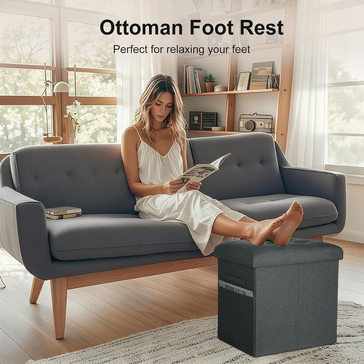 Small Ottoman with Storage, 61L Slim Tall Foldable Ottoman Foot Rest Stool with Thicker Foam Padded Seat. Linen Storage Bench for Bedroom Living Room, 300lbs Weight Support, 17x13x13IN, Gray Black