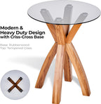 Round Glass End Table, Small Sofa Side Table for Living Room, Bedroom. Stylish Wood Legs with 20” Tempered Glass Top. Nature Oak