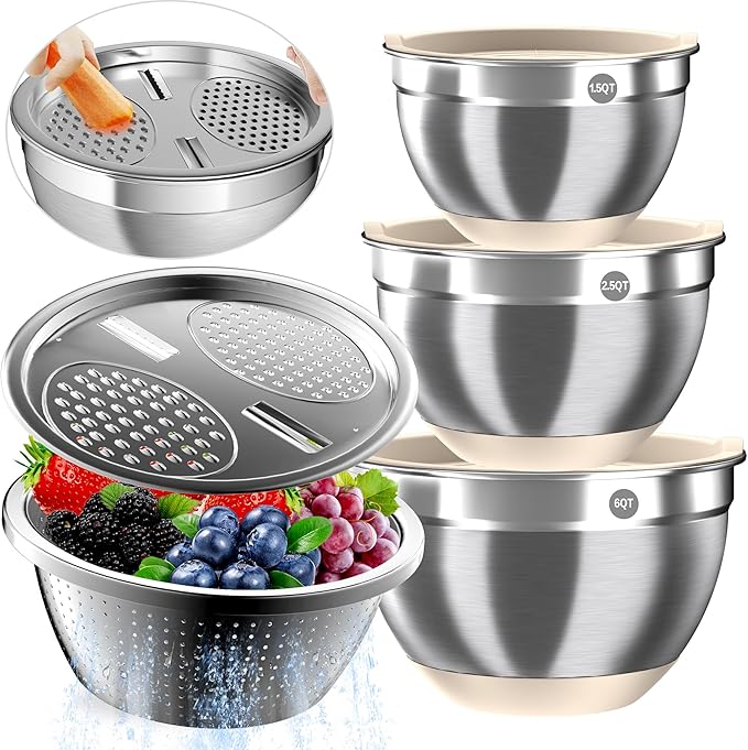 Mixing Bowls with Airtight Lids, Stainless Steel Mixing Bowl Set with 3 Metal Nesting Bowls, Colander & Grater, Non-Slip Bottoms, Size 1.5, 2.5, 6 QT, Great for Mixing & Serving, Khaki