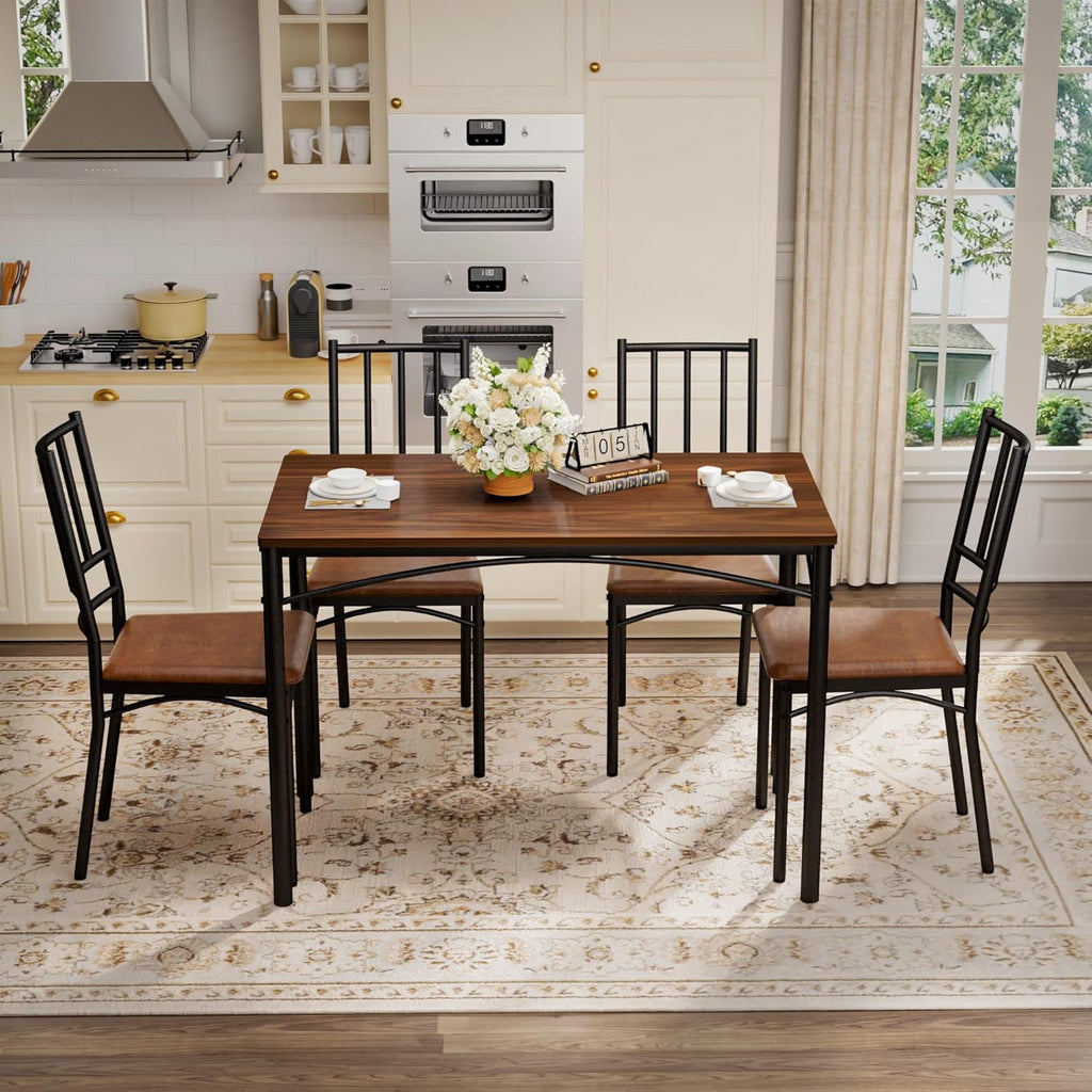 Dining Table Set for 4, Industrial Kitchen Table Set with 4 Upholstered Chairs, Metal Table and Chairs Set for Kitchen, Dining Room, Living Room, Walnut