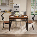 Dining Table Set for 4, Industrial Kitchen Table Set with 4 Upholstered Chairs, Metal Table and Chairs Set for Kitchen, Dining Room, Living Room, Walnut