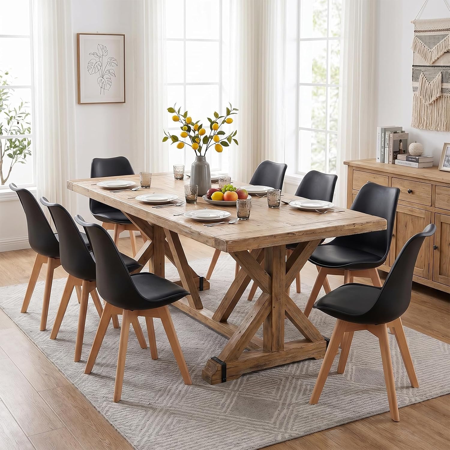 Dining Chairs Set of 8, PU Leather Padded Seat for Living Room | Modern, Upholstered Kitchen Chairs, Thick Cushions, Curved Back, Solid Wood Legs, Apartment, Restaurant, Black