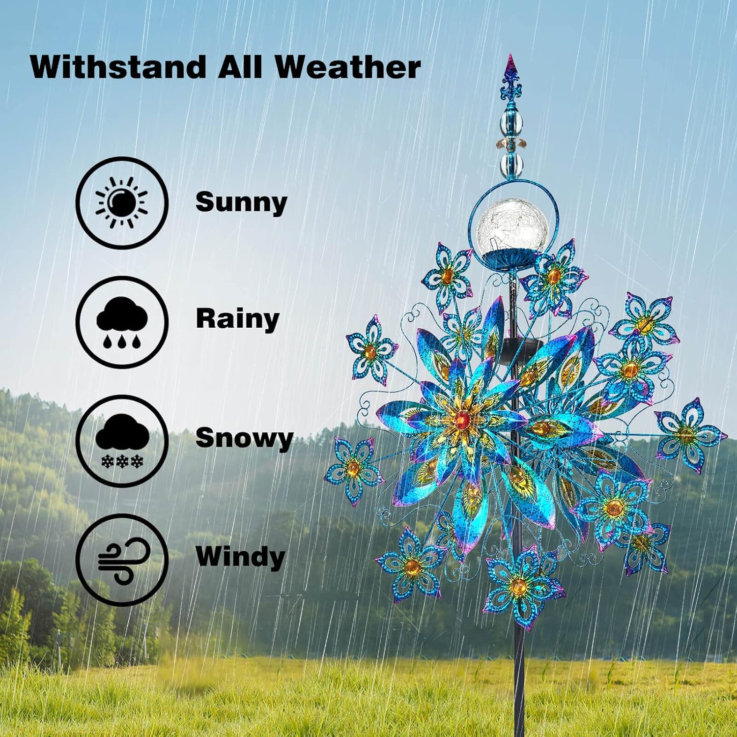 Kircust Large Solar Wind Spinner with Glass Ball - Peacock Themed Kinetic Garden Art, Dual Spinning Metal Decor for Outdoor Yard, Lawn, or Patio in Elegant Peacock Blue