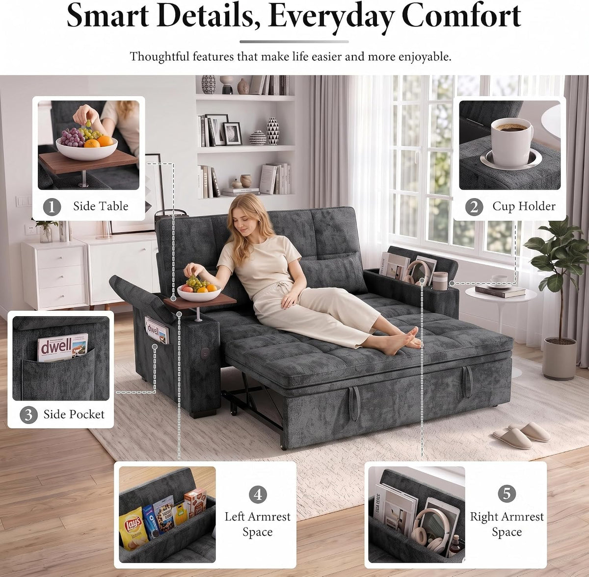 Dreamzie 65'' Convertible Sleeper Sofa Bed with Swivel Side Table, Chenille Pull Out Couch for Living Room, Loveseat Sleeper Couch with Hidden Storage Space | Charging Port | Cup Holders, Grey