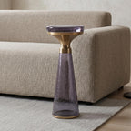 Modern Decorative Round Drink Table with Glass Base and Top with Gold Metal Accent, Martini, Gold Pedestal Table, Tall Side Table, Small Space end Table, for Living Room & Bedroom, Purple,Assembled
