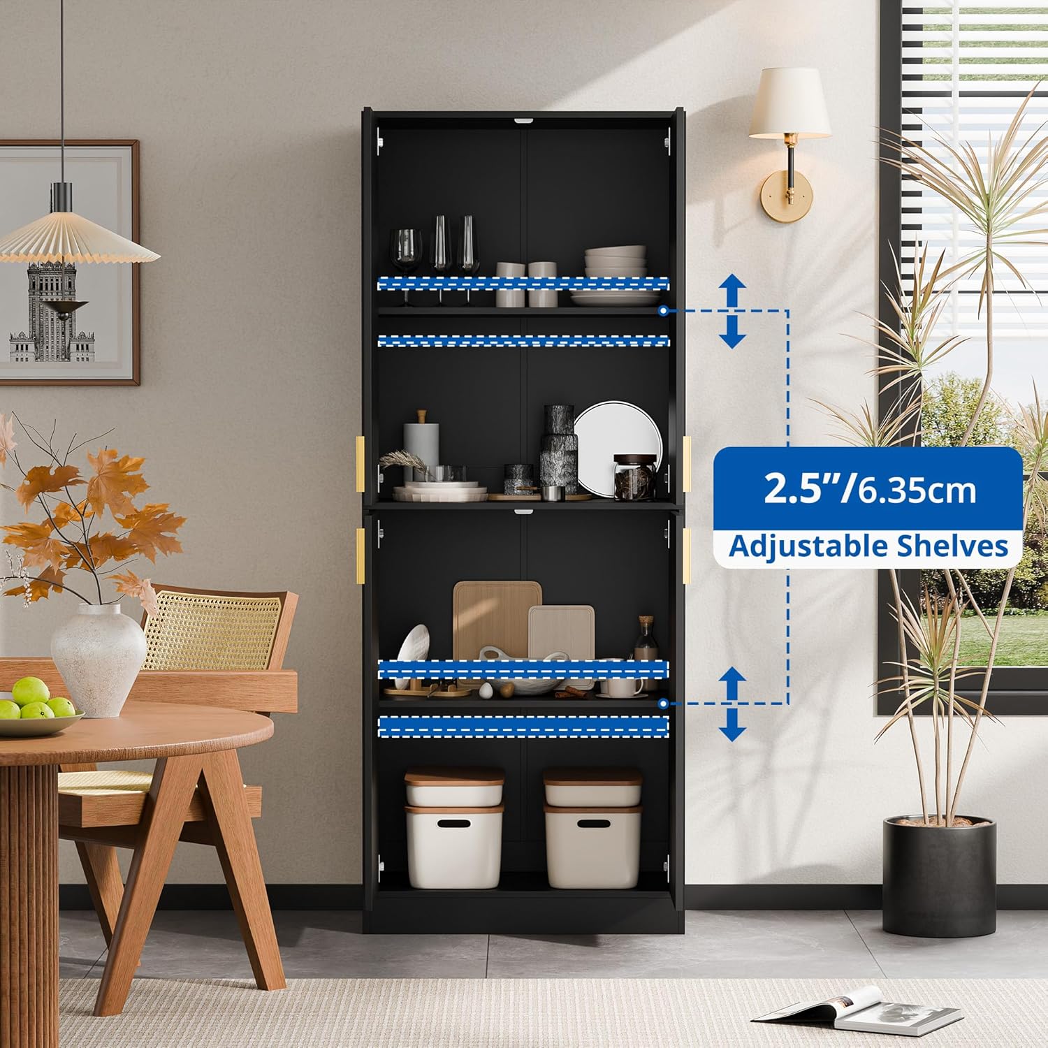 Cozy Castle Kitchen Pantry Cabinet, 71" Tall Wood Storage Cabinet with Doors and Shelves 4 Doors Freestanding Cupboard for Dining Room Living Room Furniture, Black | Wood Storage Cabinet