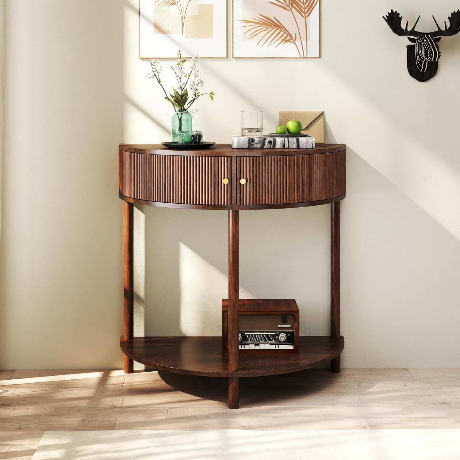 Knocbel Half Moon Console Table with Wave-Pattern Door, Semi-Circle Sofa End Table with 2 Storage Drawers and Bottom Shelf for Entryway Living Room, 31.5" W x 15.75" D x 32.3" H, Brown