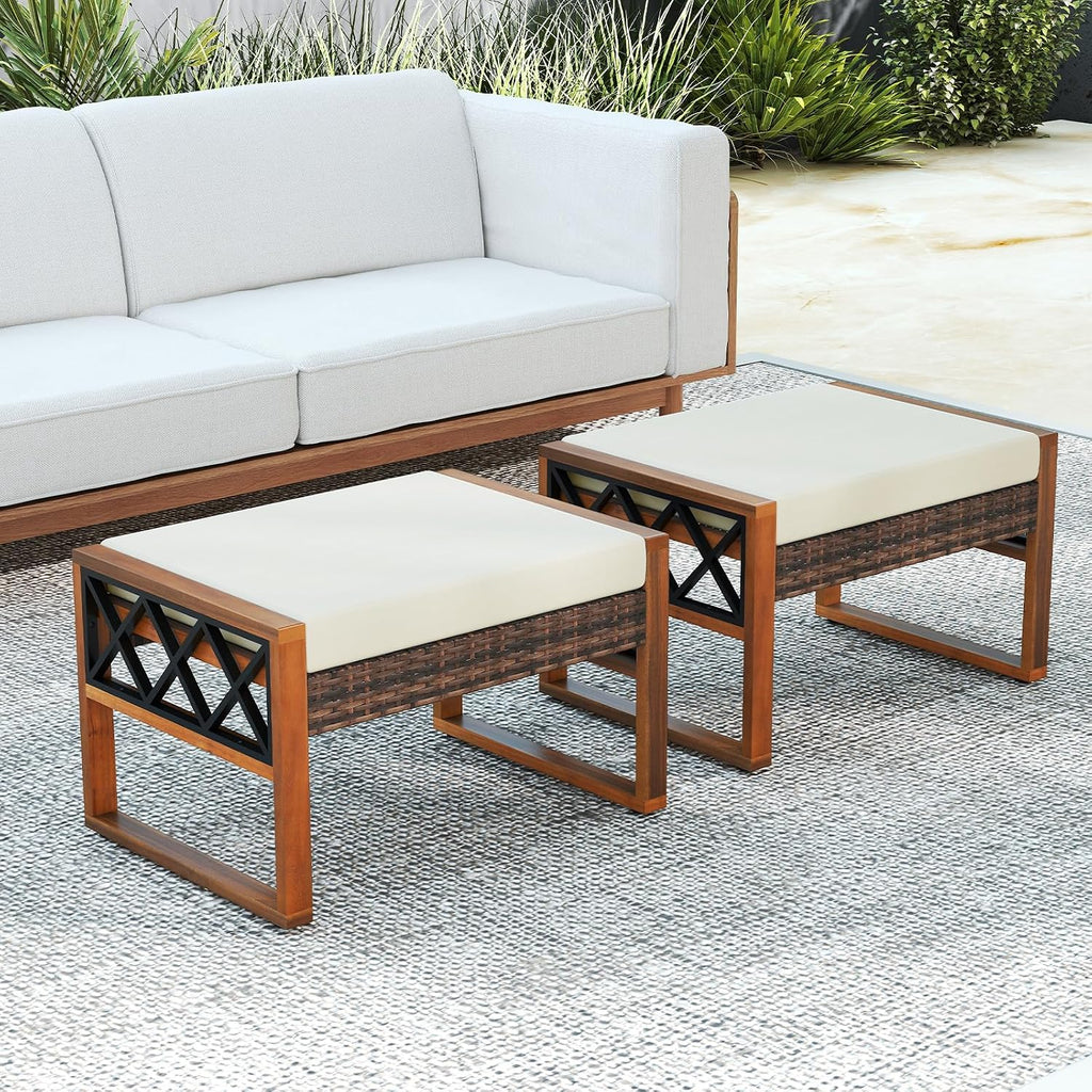 Tangkula Rattan Wicker Outdoor Ottoman Set of 2, Patio 3-in-1 Footstools with Removable Cushions, Additional Seating and Side Tables for Porch, Backyard & Poolside (Off White)