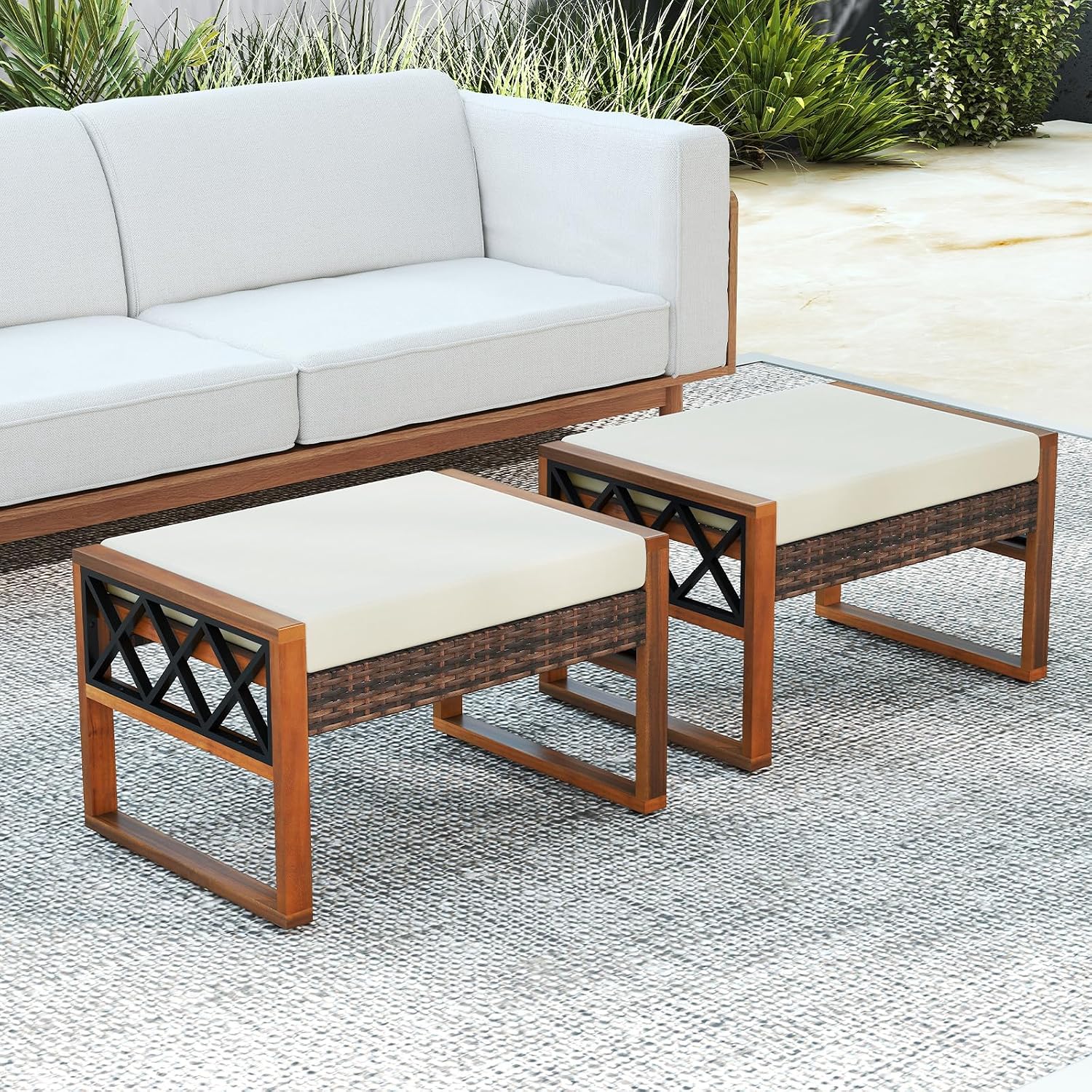 Tangkula Rattan Wicker Outdoor Ottoman Set of 2, Patio 3-in-1 Footstools with Removable Cushions, Additional Seating and Side Tables for Porch, Backyard & Poolside (Off White)