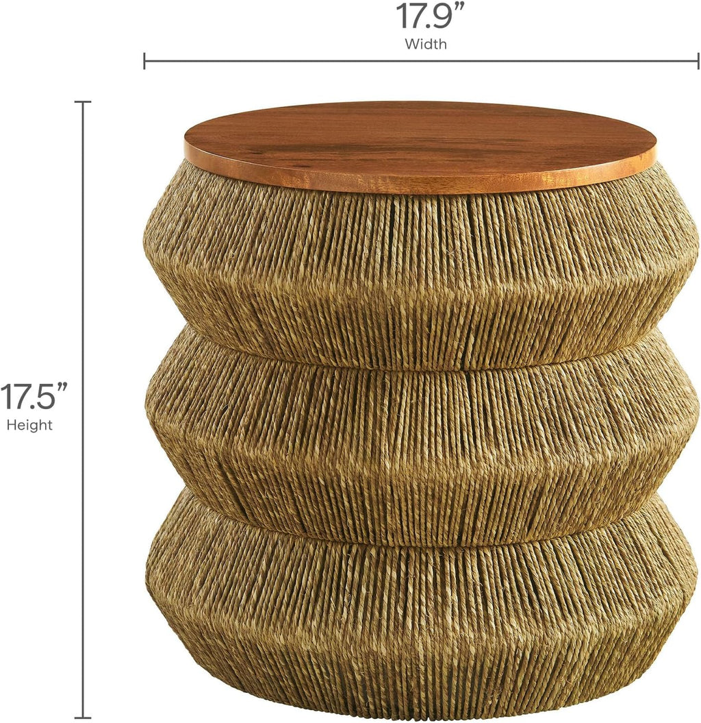 Modway Maris Hand-Woven Seagrass and Wood Round Side Table – 18 Inch Drum End Table for Boho, Coastal, or Modern Living Rooms in Walnut Natural