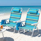 TLSUNNY 25" W Low Beach Chair for Adults W/5-Position Lay Flat & Cooler Pouch, Folding Backpack Beach Chair W/Headrest, Storage Bag, Towel Bar, Foot Mat, for Camping,350LBS(2, Blue/Green, 8.9″)