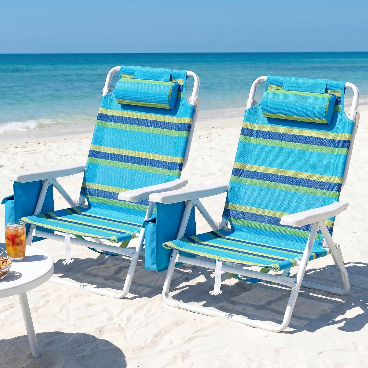 TLSUNNY 25" W Low Beach Chair for Adults W/5-Position Lay Flat & Cooler Pouch, Folding Backpack Beach Chair W/Headrest, Storage Bag, Towel Bar, Foot Mat, for Camping,350LBS(2, Blue/Green, 8.9″)