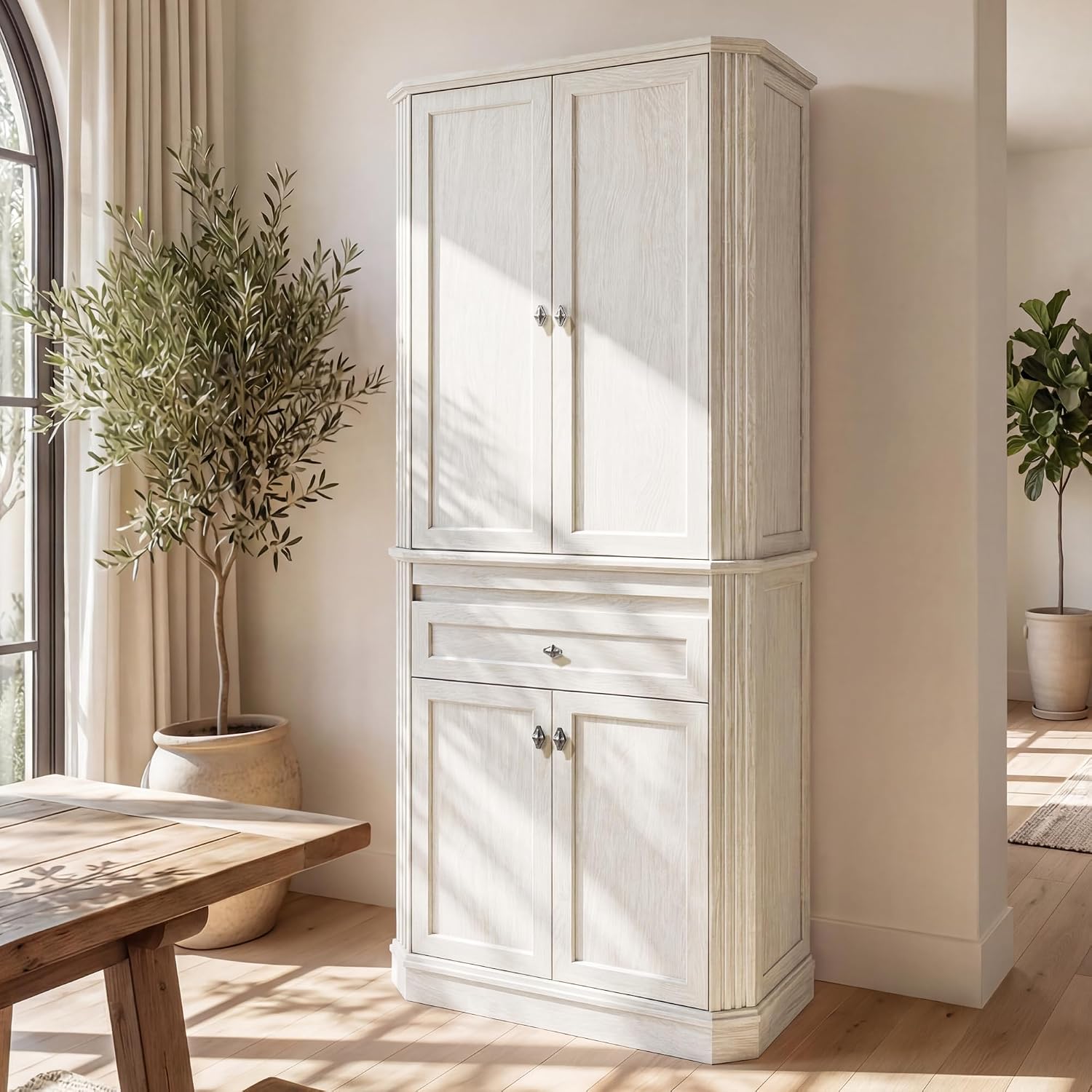 72.2" Tall Kitchen Pantry Cabinet with Doors, Farmhouse Storage Cabinet with Charging Station & LED Light, Drawer, Adjustable Shelves and Pull-Out Shelves, White Wood Pantry Cupboard for Dining Room