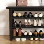 Shoe Rack Bench with Leather Cushion 3-Tier Shoe Rack Organizer for Entryway Hallway or Living Room Farmhouse Rustic Wooden Seat Bench Black 11.8" Dx31.5 Wx20.4 H