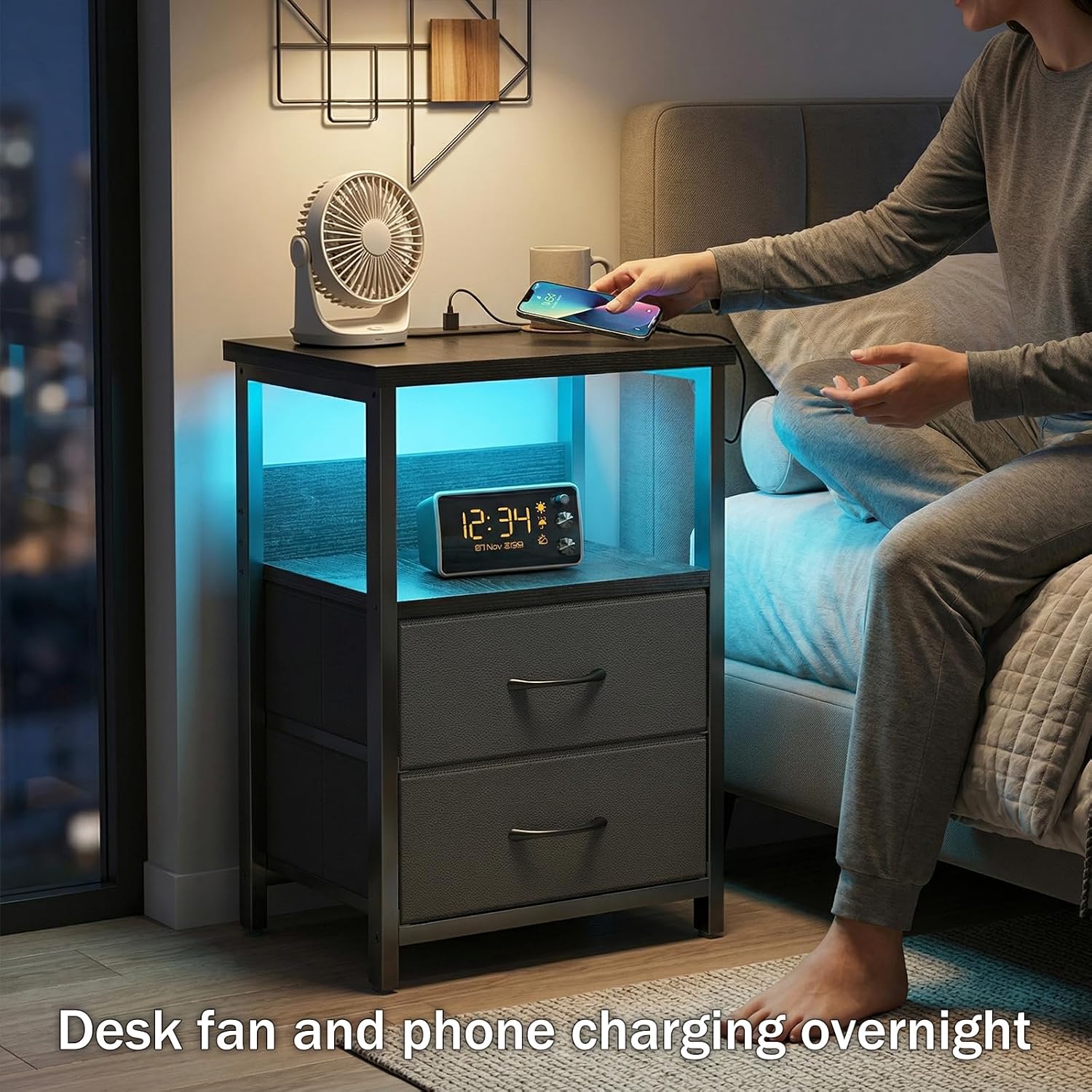 Fixwal Night Stand with Charging Station (2 AC Outlets & 2 U-S-B Ports) LED Nightstand Small Dorm Room Furniture, 2 Fabric Storage Drawers, Bedside Table End Tables Bedroom, Modern Black