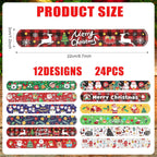 24pcs Christmas Wrapping Paper Roll Holder Clips, 8.7x1.2in Holiday Flip Wraps 12 Designs Gift Wrap Strips Flip Stabilizer Slap Bands for Xmas Poster Wrapping Organization Storage