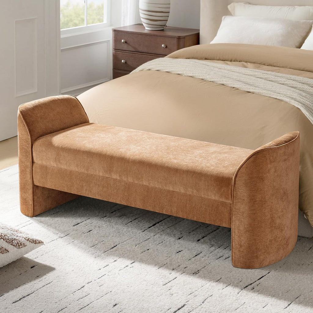 HULALA HOME 57" Modern Chenille Bench with Thick Padded Seat, Upholstered End of Bed Bench for Bedroom, Entryway & Living Room Seating, Caramel