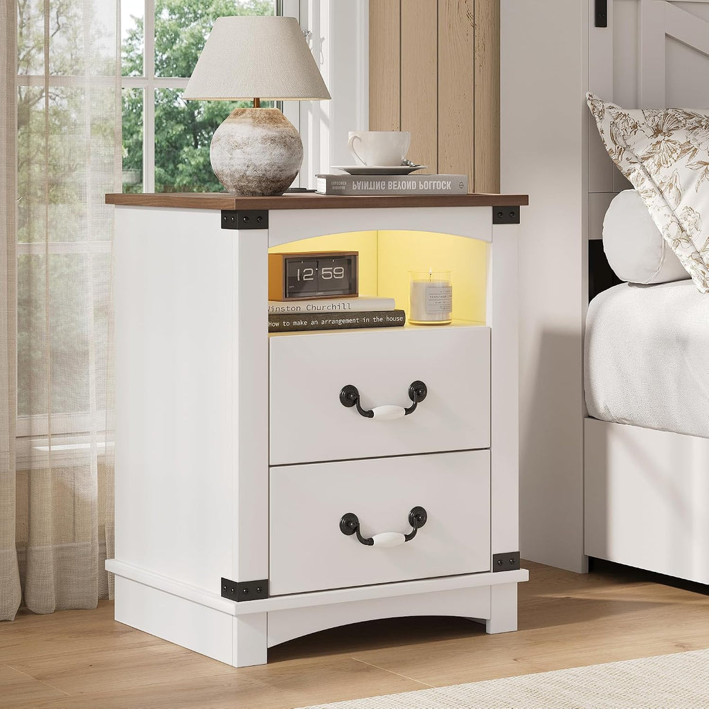 Maupvit Farmhouse Night Stand with Charger Station & Ceramic Handle, Wood Nightstand with 2 Storage Drawers, LED Bedroom Nightstand, Bedside Tables, Antique White